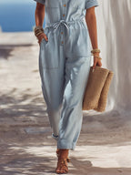 Casual Coastal Light Blue Denim Loose Collared Short-Sleeved Multi-Pocket Drawstring Jumpsuit