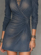 Vintage Crossover Neckline Washed Denim Mini Dress With Lace Trim