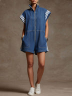 Women's Stand-collar Short-sleeved Casual Loose Short Denim Wide-leg Jumpsuit