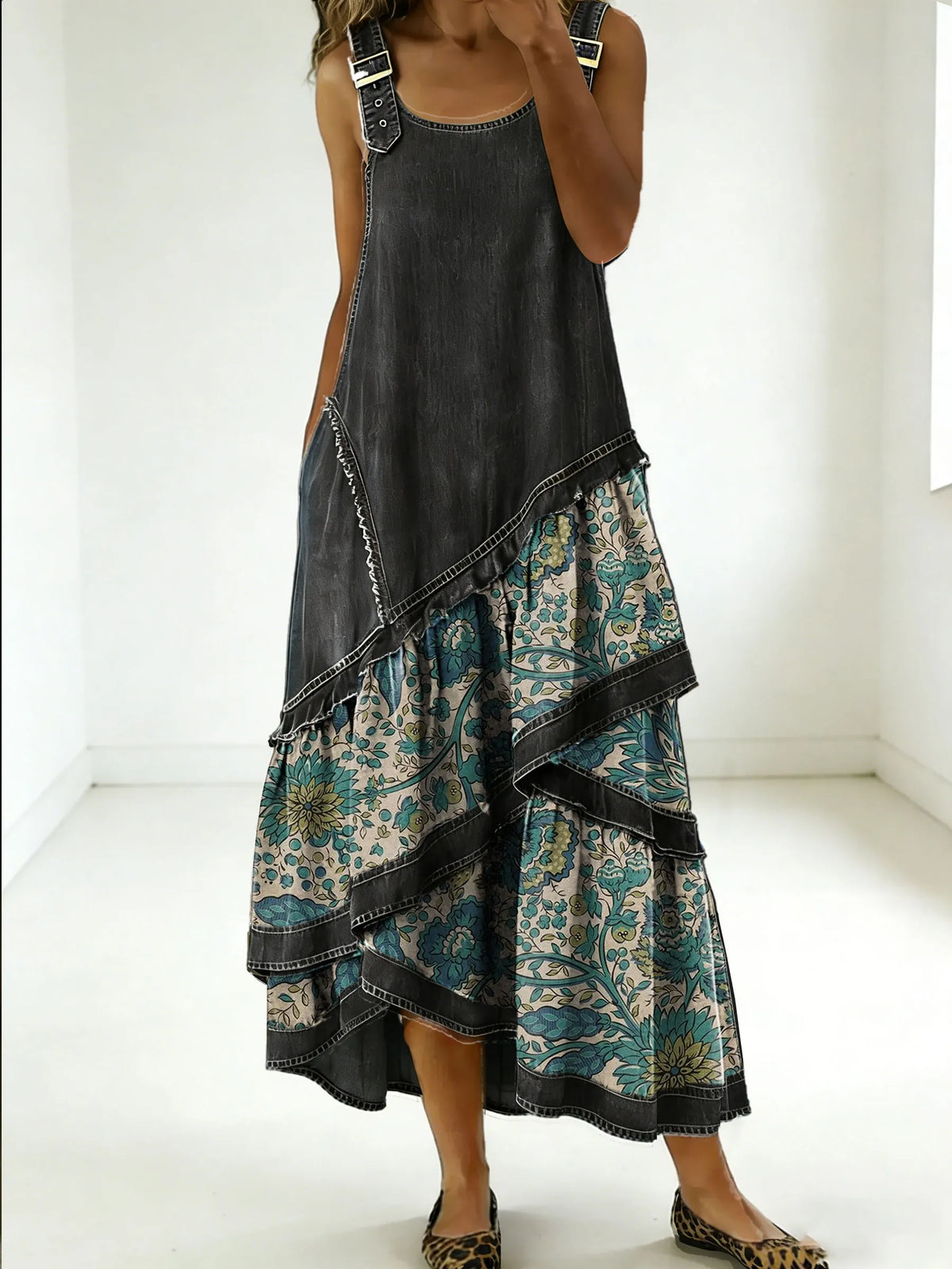Women's Fashion Floral Denim Design Sleeveless Multi-layered Ruffled Strap Dress