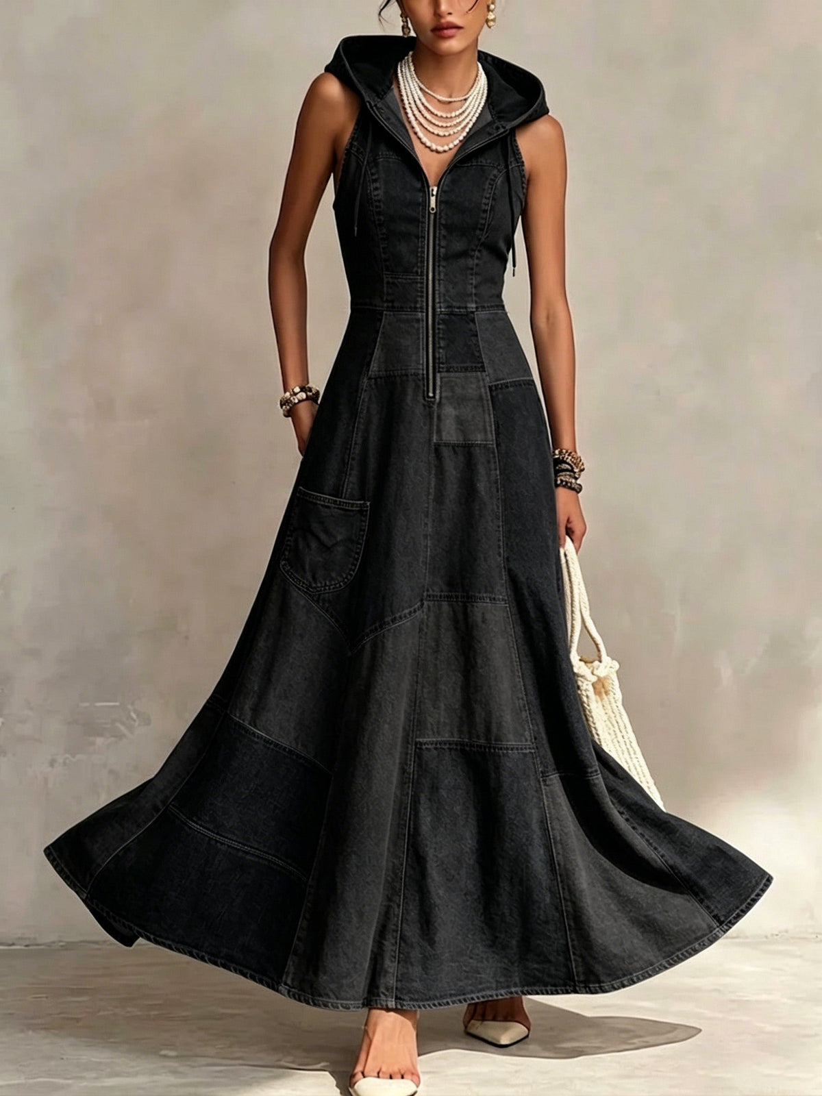 Color-block Western-style Maxi Dress With Zipper