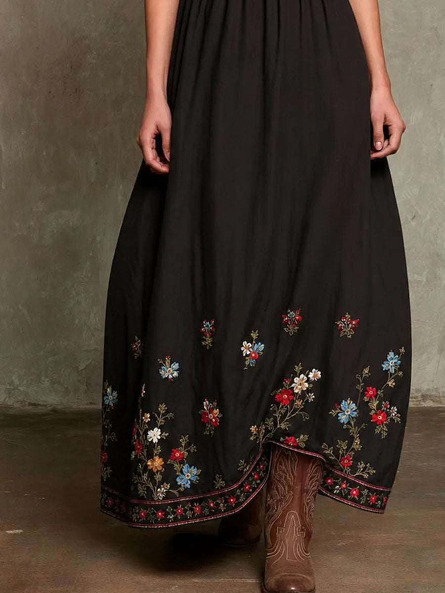 Boho Western Black Floral Embroidered Halter Maxi Dress