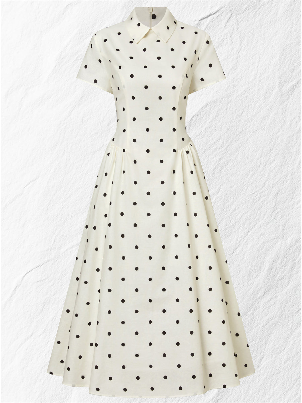 Maxi Linen Dress, Short Sleeves, Shawl Collar, Polka Dots, French Vintage, Off White