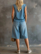 Women's V-neck Sleeveless Casual Loose Top With Elastic Waist Casual Loose Wide-leg Shorts Denim Set