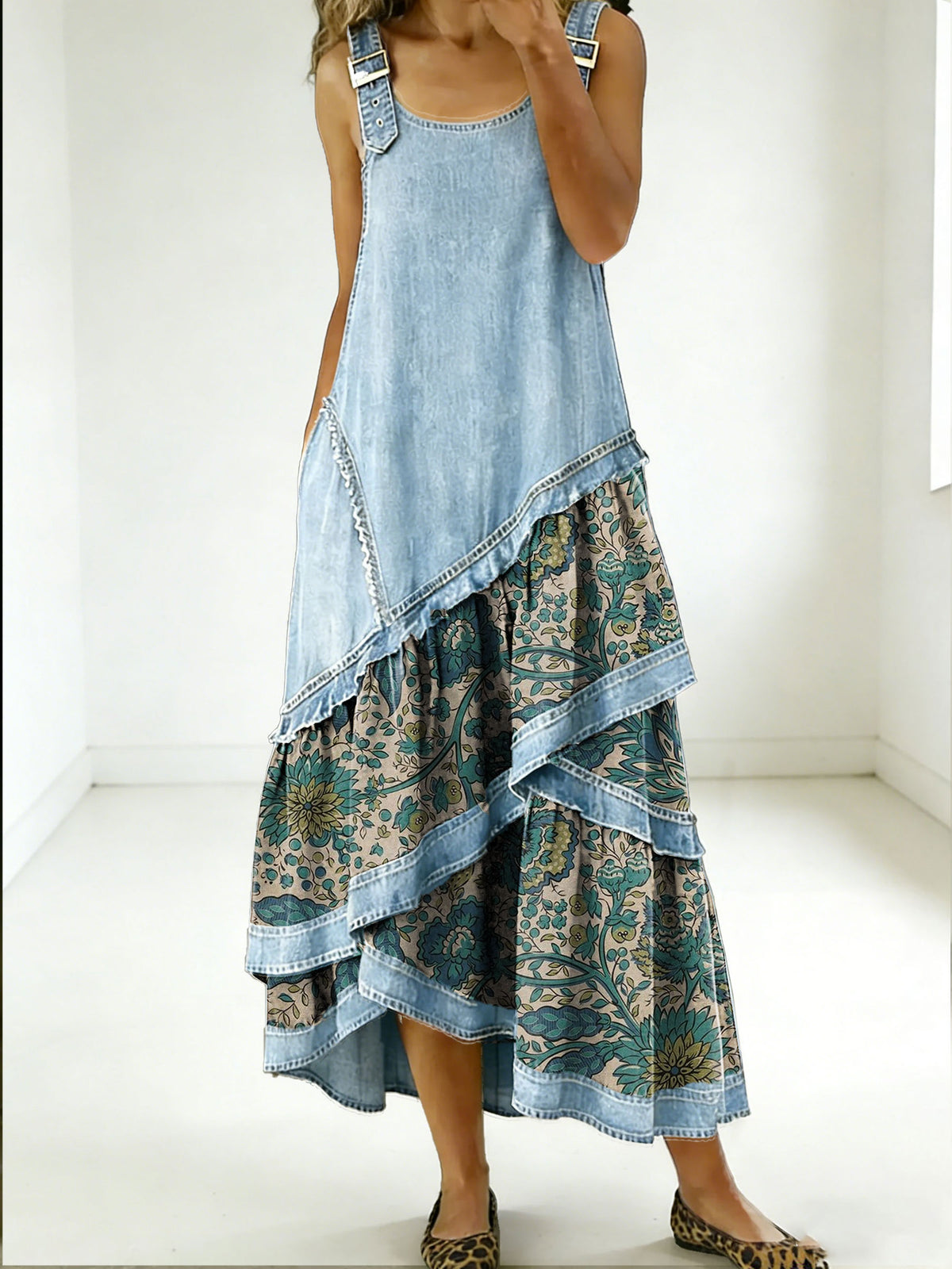 Women's Fashion Floral Denim Design Sleeveless Multi-layered Ruffled Strap Dress