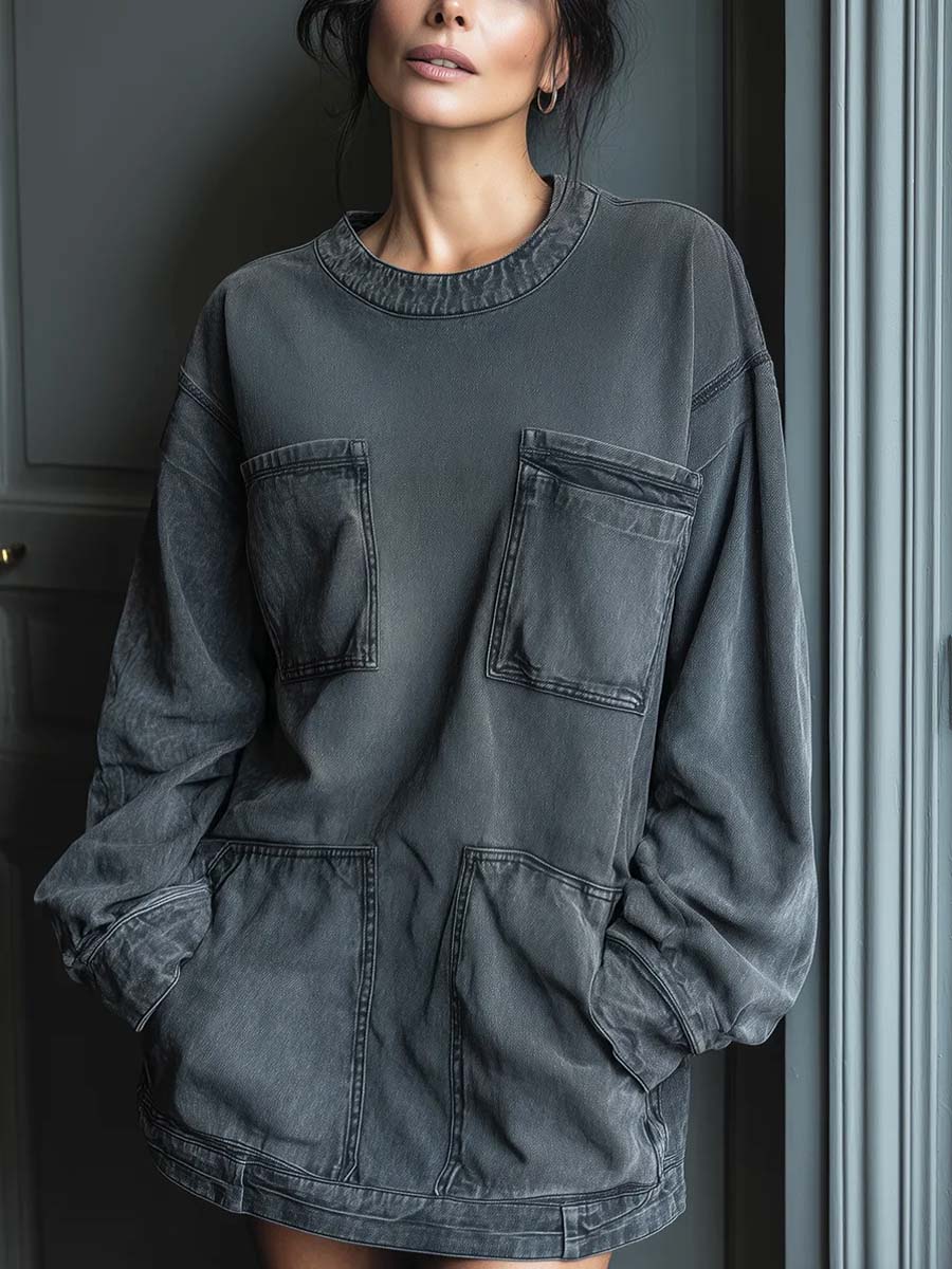 Women's Retro Casual Stylish Pockets Art Denim Short Dress