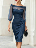 Sexy & Elegant Off-shoulder Organza-paneled Denim Bodycon Dress