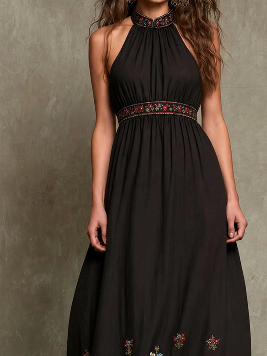 Boho Western Black Floral Embroidered Halter Maxi Dress