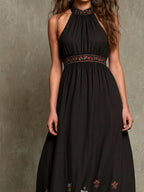 Boho Western Black Floral Embroidered Halter Maxi Dress