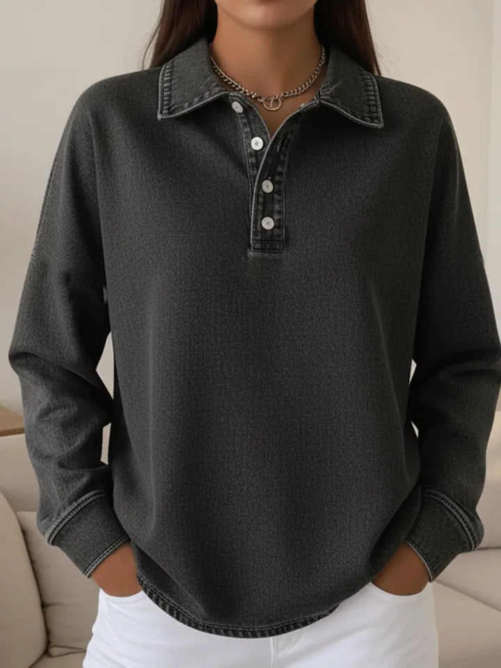 Casual Loose-fitting Polo Button-up Denim Sweatshirt