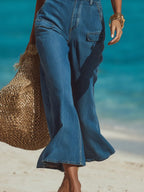 Chic Vacation-Style Blue Denim Flared Cropped Overalls