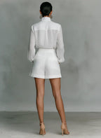 White Stand-up Collar Single-breasted Long-sleeved Shirt And Shorts Suit