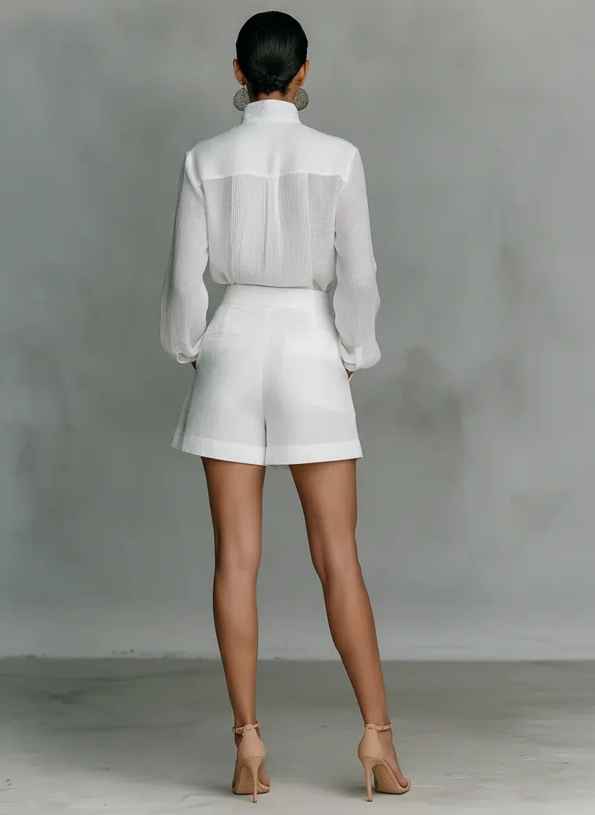 White Stand-up Collar Single-breasted Long-sleeved Shirt And Shorts Suit