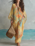 Sunset-Blooming Print Kaftan Top and Wide-Leg Pants Set