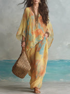 Sunset-Blooming Print Kaftan Top and Wide-Leg Pants Set