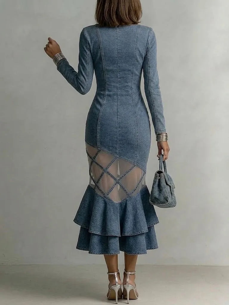 Women's Irregular Design Mesh Splice Denim Dress