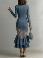 Women's Irregular Design Mesh Splice Denim Dress