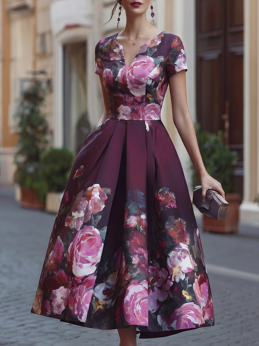 Floral A-Line Midi Dress With Fitted Bodice