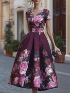 Floral A-Line Midi Dress With Fitted Bodice