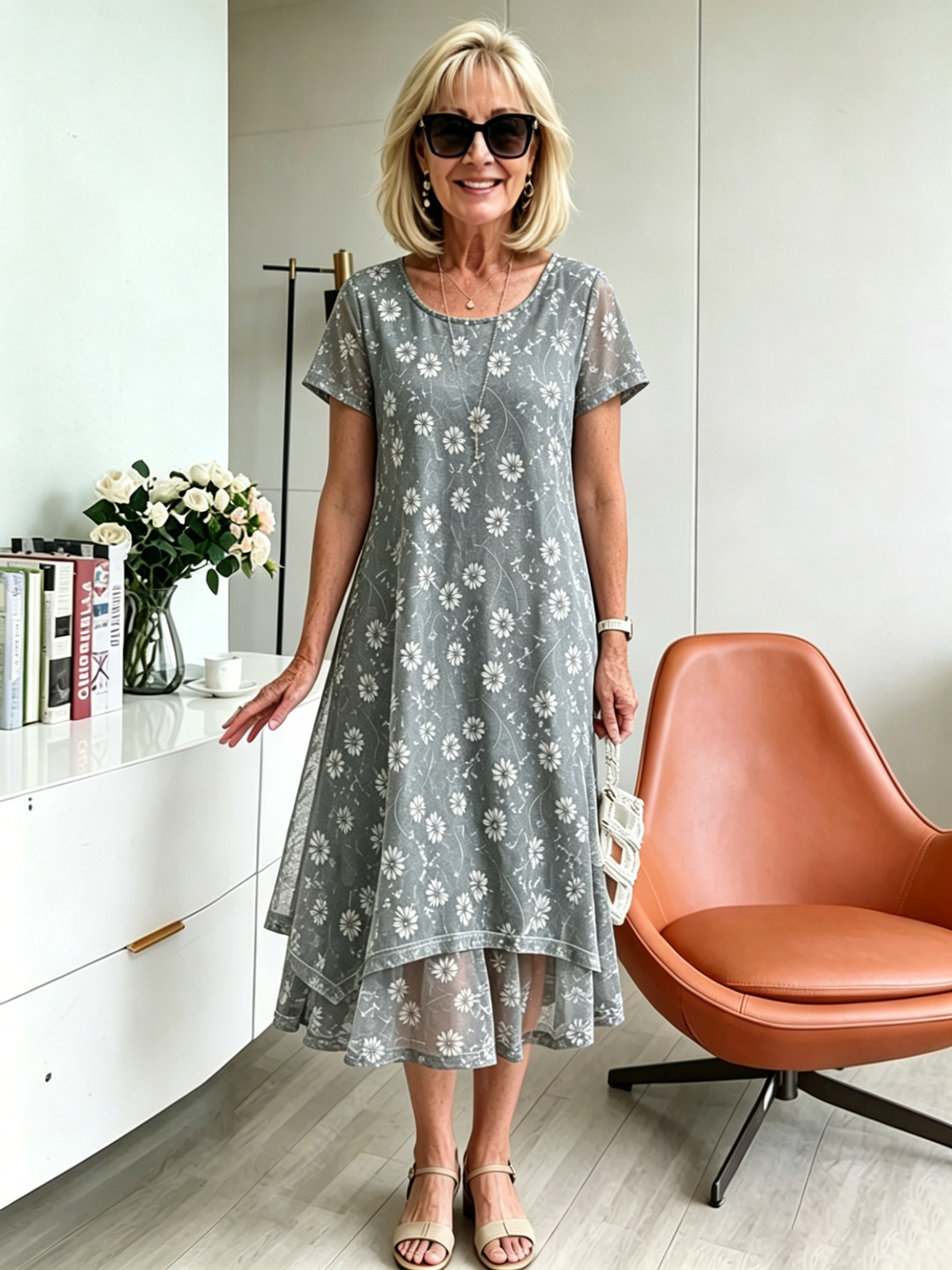 Grey & Orange Floral Mesh Layered Midi Dress, Round Neck 3/4 Sleeve Loose Tummy Concealing Plus Size Dress for Mature Women