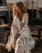 Apricot Lace V-neck Bell Sleeve Bohemian Maxi Dress