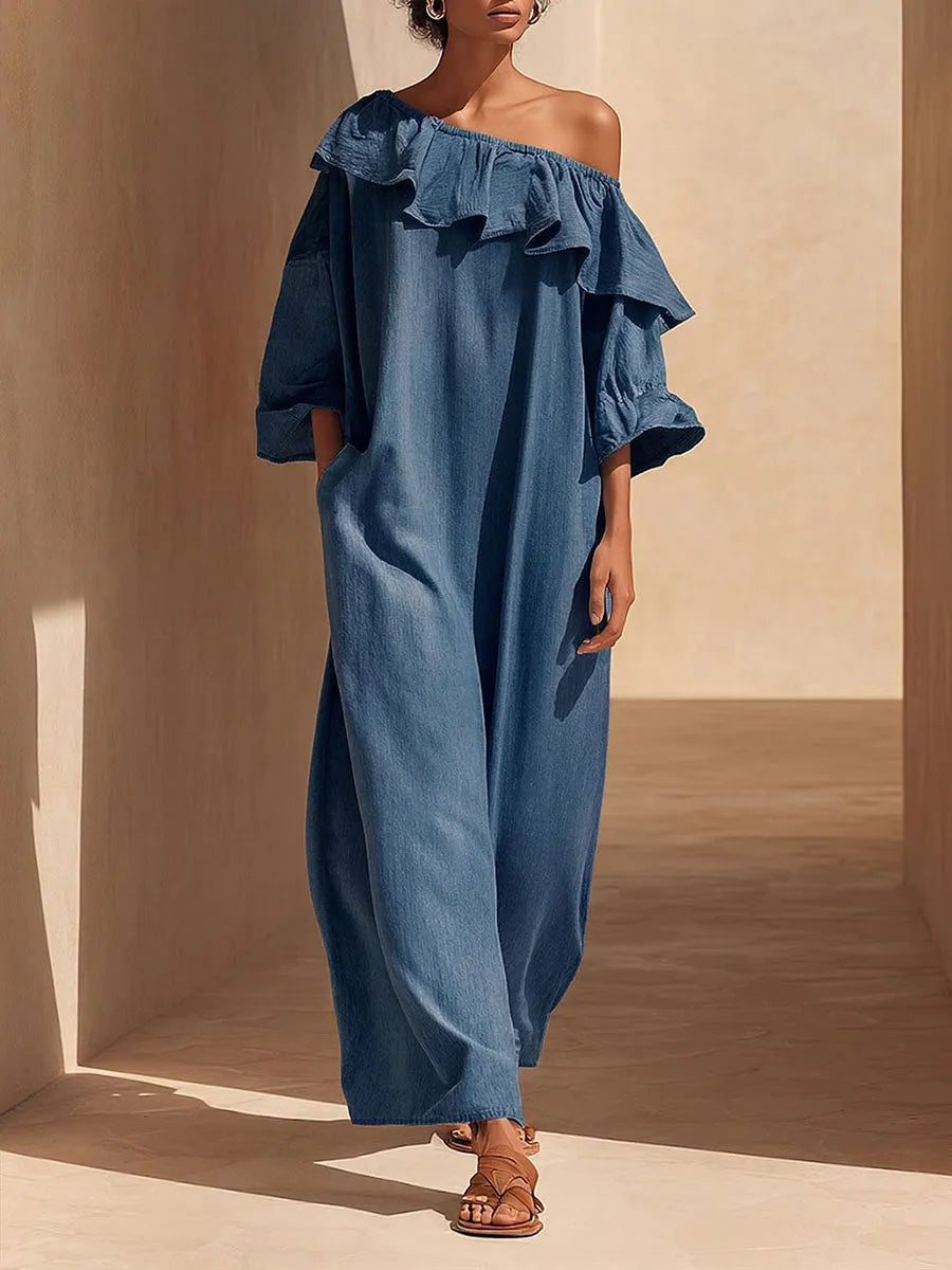 Women's Off-shoulder 3/4-sleeve Casual Loose Denim Dress
