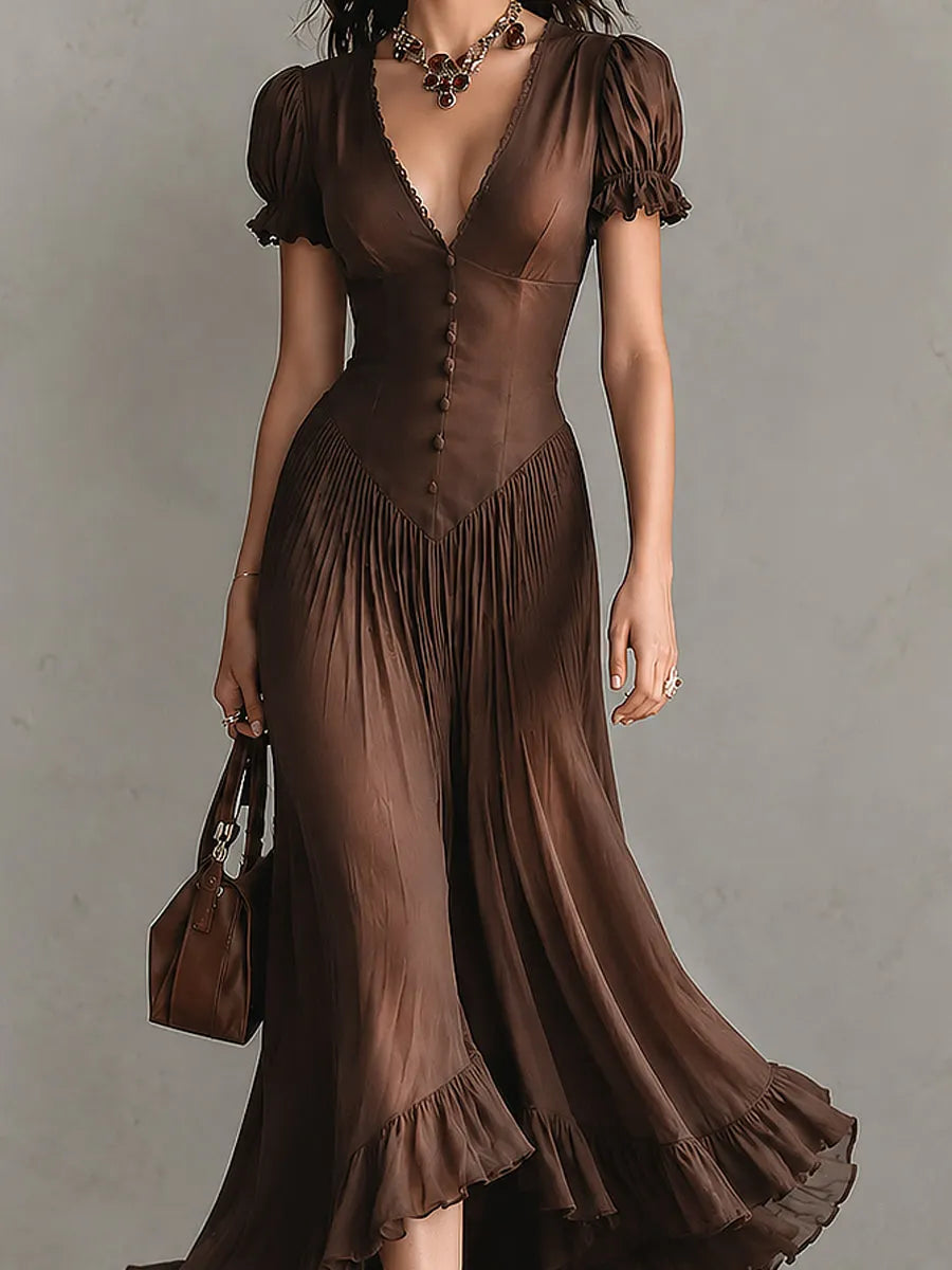 Elegant Tencel Puff-sleeve Maxi Dress With A Ruffled Hem
