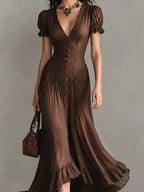 Elegant Tencel Puff-sleeve Maxi Dress With A Ruffled Hem