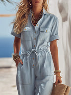 Casual Coastal Light Blue Denim Loose Collared Short-Sleeved Multi-Pocket Drawstring Jumpsuit