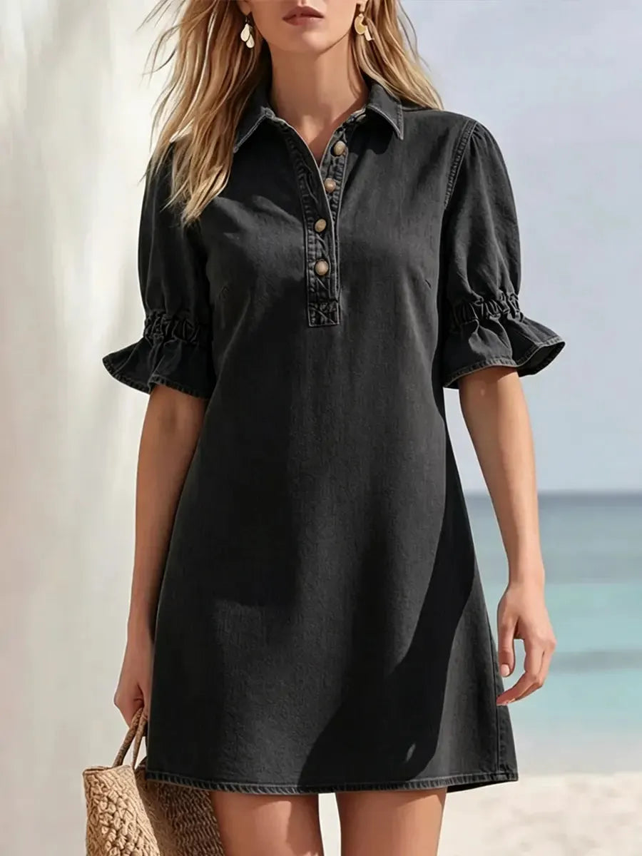 Women's Casual Puff Sleeve Denim Shirt Dress