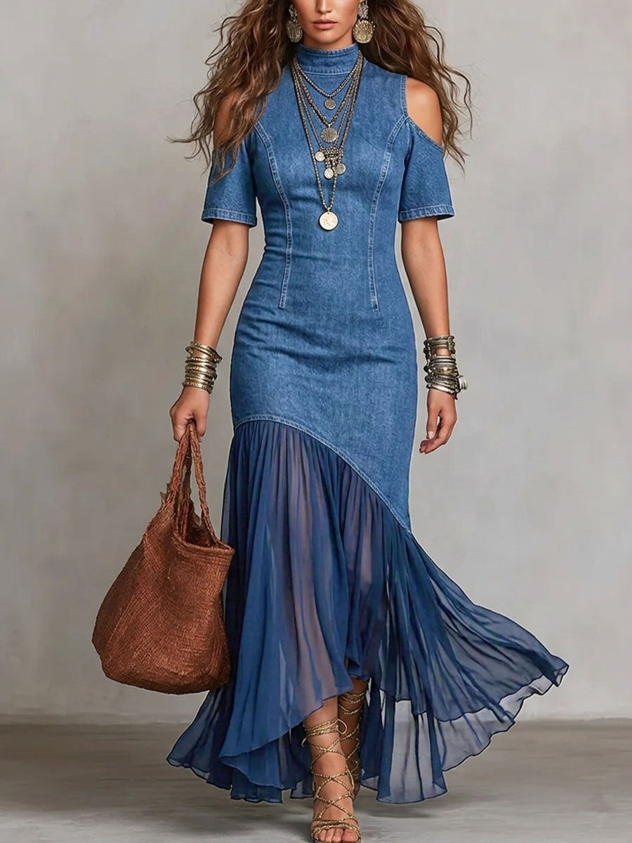 Women's Stand-collar Short-sleeve Slim-fit Casual Denim-paneled Dress