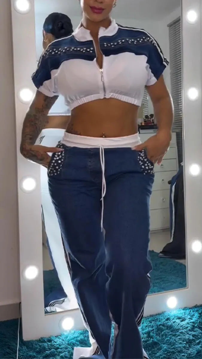 Women Round Neck Hot Pressed Diamond Spliced Top+ Pants Casual Set