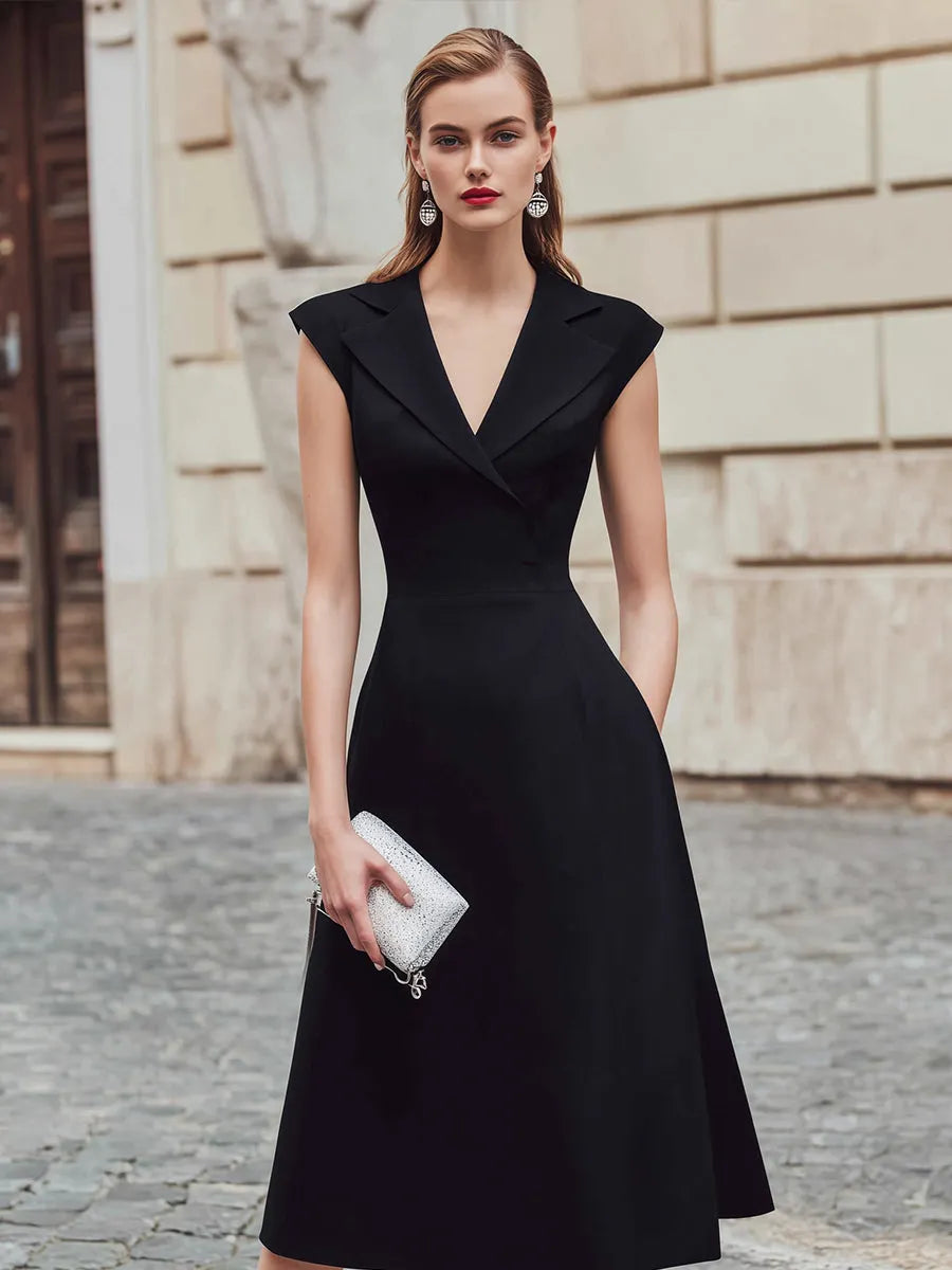 Tailored Lapel Sleeveless A-Line Midi Dress