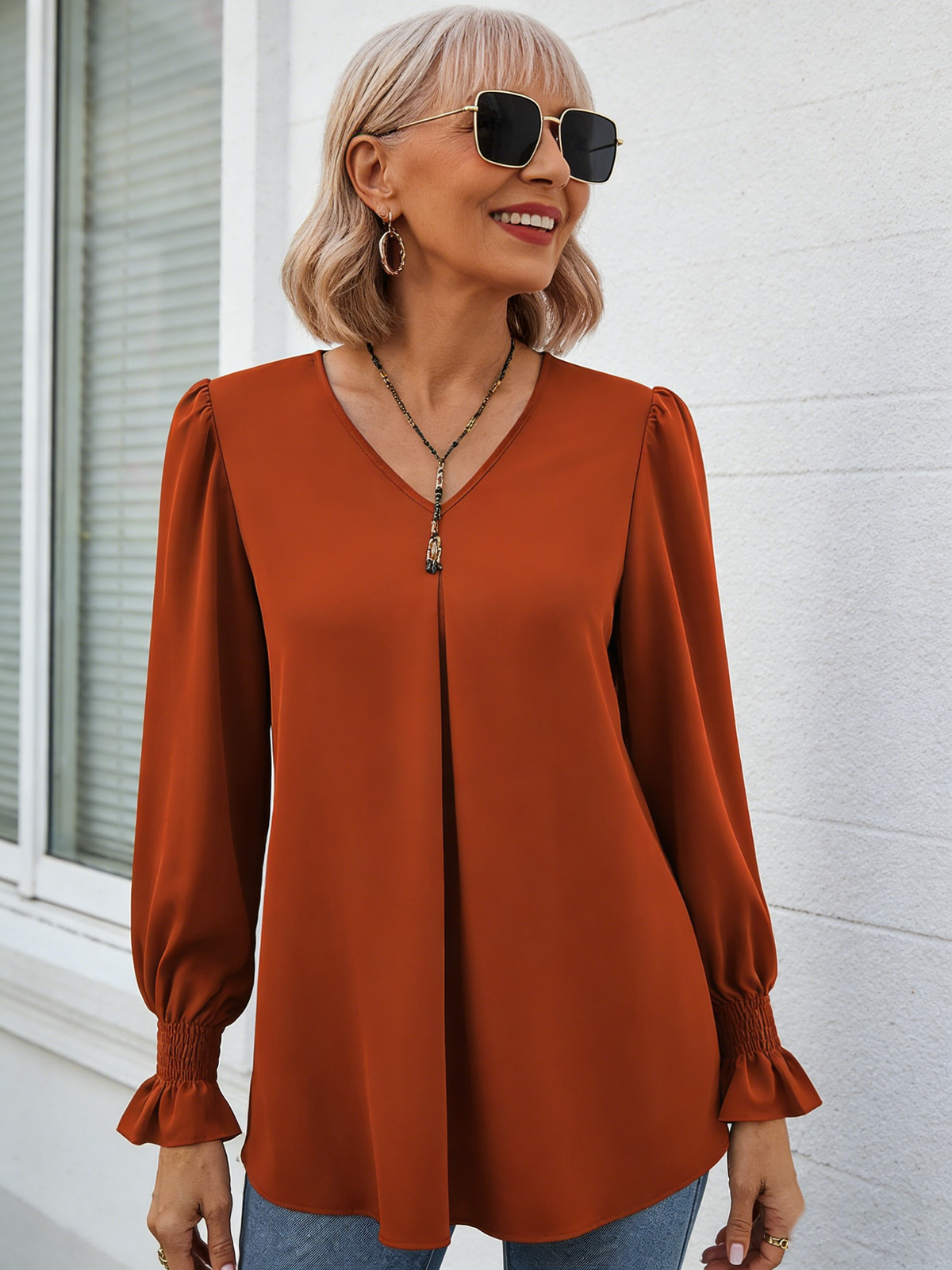 Solid Color Chiffon Shirt V-neck Pullover Horn Long-sleeved Top Shirt