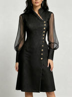 Elegant Stand-Collar Denim Dress with Organza Paneling