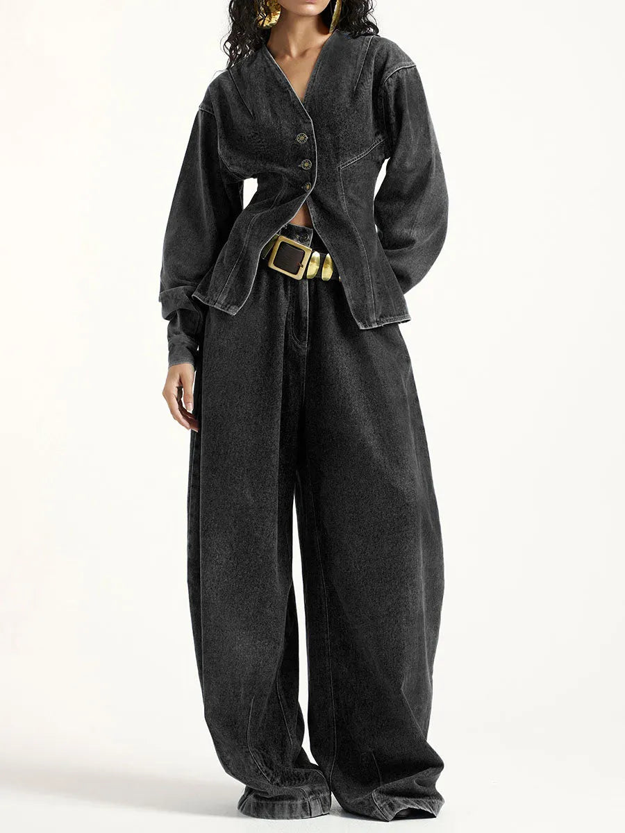 Women's Denim Set: V-neck Long-sleeve Loose-fit Cardigan & High-waisted Wide-leg Pants
