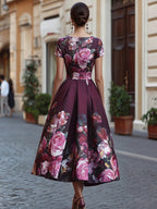 Floral A-Line Midi Dress With Fitted Bodice