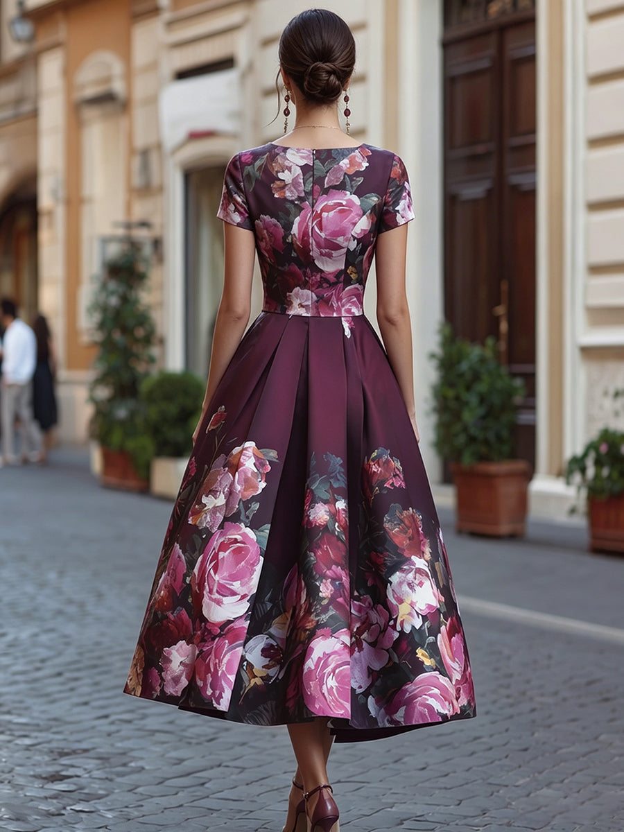 Floral A-Line Midi Dress With Fitted Bodice