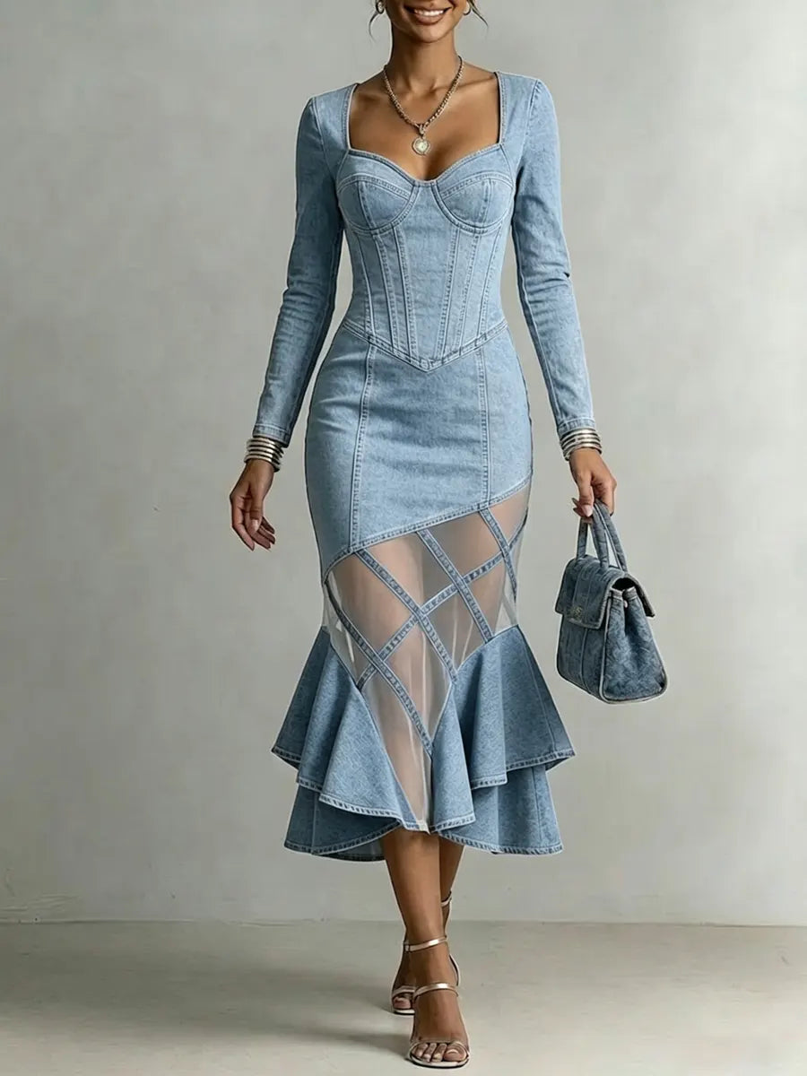 Women's Irregular Design Mesh Splice Denim Dress