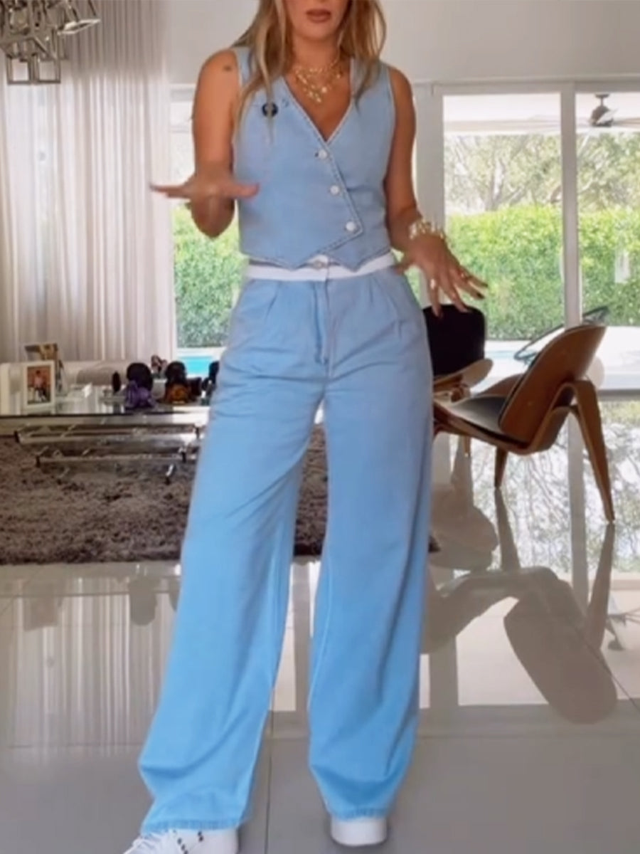 Casual Denim Vest And Jeans Two-piece Set