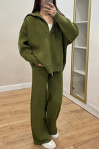 Women Collared Zipper Jacket + Pants Casual Set