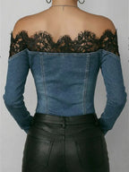 Fashionable Patchwork Lace Denim Top