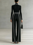 White Trim High-neck Long-sleeved Top With Wide-leg Pants and Belt Set