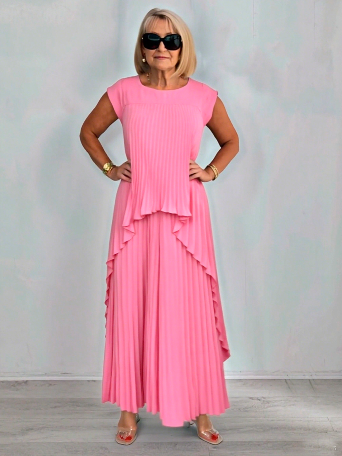2Pcs Crew Neck Solid Color Sleeve Top Pleated Straight Pants Set Two-piece Set