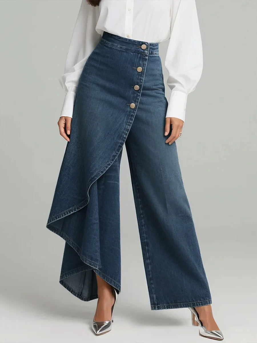 Buttoned Layered Pockets Solid Color Split-Joint High Waisted Irregularity Jean Pants Bottoms