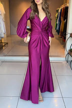 Women's Elegant Puff Sleeve Knot Trim Maxi Dress