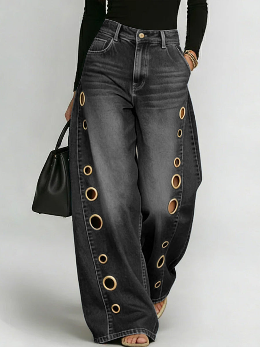 Buttoned Geometric Hollow Pockets Split-Joint High Waisted Loose Jean Pants Bottoms
