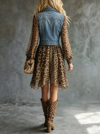 Denim And Leopard Print Patchwork Dress