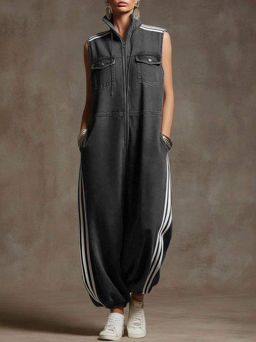 Women's Stand-collar Sleeveless Loose-fit Denim Wide-leg Jumpsuit