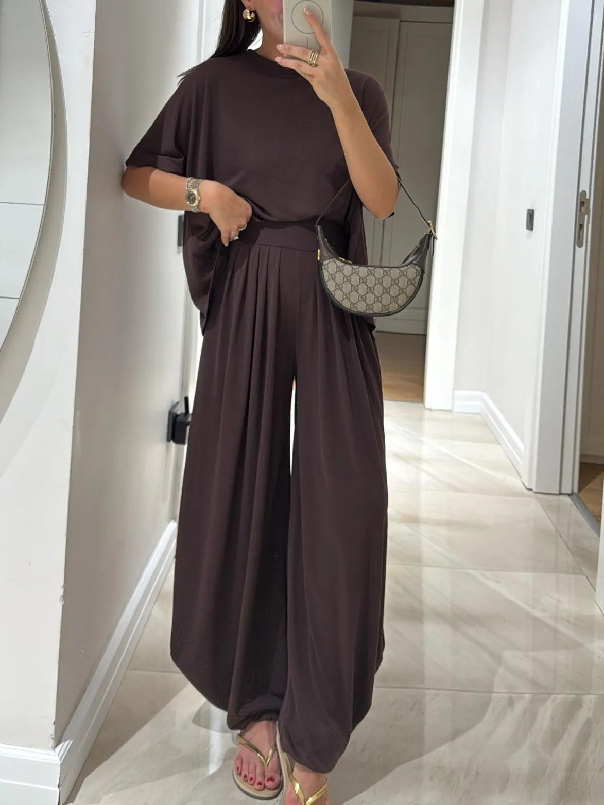 Light Grey Casual Top and Wide-leg Pants Set